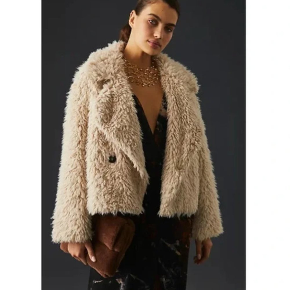 By Anthropologie Jacket Womens Small Tan Cream Faux Fur Glam Evening Party